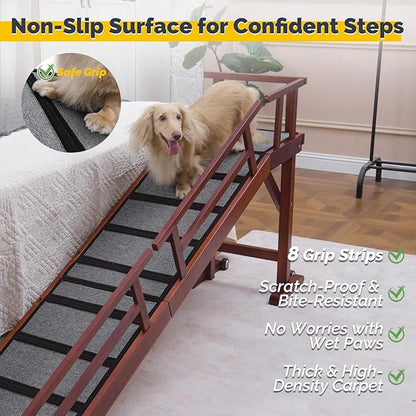 Dog Ramp for Bed or Couch, Wooden Pet Ramp with 20° Gentle Slope, Removable Side Rails, Non-Slip Surface, Top Platform & Wheels, Safe Bed Ramp for Small, Medium & Senior Dogs, 74" Long, Mahogany