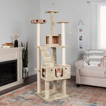Furhaven 69.3" Tall Cat Tree for Indoor Cats, Ft. Sisal Scratching Posts, 2x Cat Condos, & Toys - Tiger Tough Double Decker Interactive Playground Tower - Cream, One Size