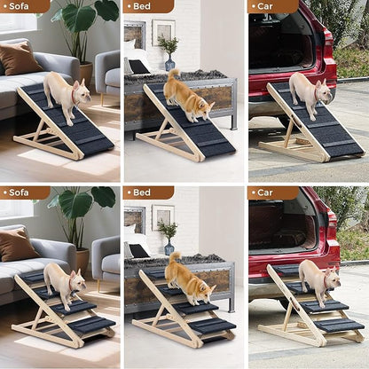 2025 Upgraded Dog Steps for Bed & Couch - 2-in-1 Dog Stairs/Ramp for Small to Large Breeds - 45.3" Long Adjustable 14"-26" Up to 200LBS - Folding Portable Wooden Pet Stairs for high Bed Couch Car