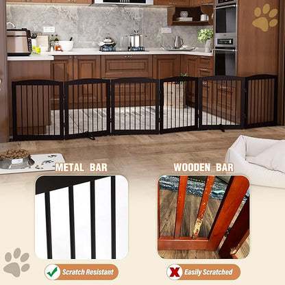Freestanding Pet Gate for Dogs, Foldable Wooden Dog Gate for House, Extra Wide Indoor Pet Barrier for Stair, Doorway, Hall, Support Feet Included, 120 Inch Wide, 6 Panels 24", Brown