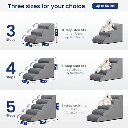 GoGoBunny Ramp Dog Stairs for Couch Sofa and Chair 15.7" H, 3-Step Pet Steps for Small Dogs and Cats, Non-Slip Waterproof Fabric Cover, Stable and Balanced Indoor Step, Pets Friendly, Grey