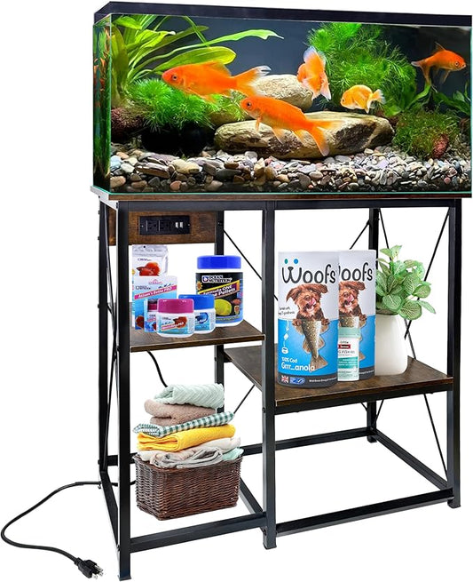 20-37 Gallon Fish Tank Stand with Power Outlet, 30.7"x13.8" Metal Frame Fish Stand, 3-Tier Wood Aquarium Stand, 400LBS Capacity Reptile Terrarium Stand