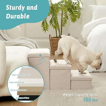 Dog Stairs with Storage, 3-Step Wider Sturdy Dog Steps for Small/Medium/Large Dogs and Older Cats, Folding Doggie Ramp for Bed/Couch/Car Hold Up to 180 lbs (16.7" H, Beige)