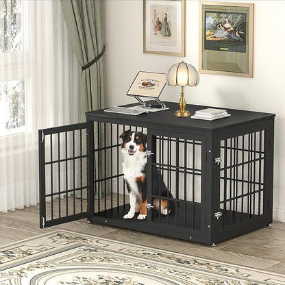 42 Inch Heavy Duty Dog Crate Furniture for Large and Medium Dogs, Decorative Pet House End Table, Wooden Cage Kennel Furniture Indoor, Black