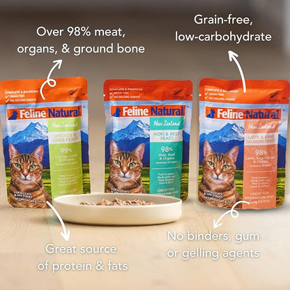 Feline Natural Wet Cat Food Variety Pack - Chicken, Lamb, Salmon & Beef Feast, Grain-Free, 3oz Pouches, New Zealand Made, Assorted Single Serve Pates (12 Pack)