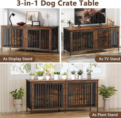 EasyCom 78 Inch Dog Crate Furniture for 2 Dogs, Extra Large Double Dog Cage Large Breed, XXL Thick Wooden Dog Crate TV Stand, Sturdy Dog Kennel with Divider