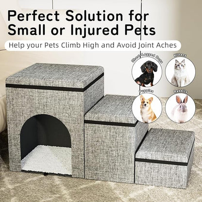 Dog Stairs with Storage, 3-Step Wider Dog Steps with Condo for Dogs and Cats, Pet Stairs for High Bed Climbing, Grey