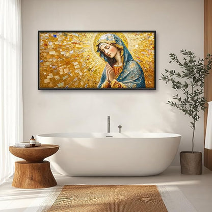 Extra Large Virgin Mary Framed Wall Art for Living Room,Oversized Golden Christian Religious Pictures Wall Decor,Canvas Print Painting Modern Artwork Bedroom Office Bathroom 60L" x 30W"
