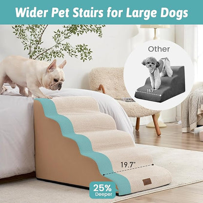Extra Wide Dog Stairs 19.7" Width, Pet Step for Small Medium/Large Dog, Puppy or Cat, Pet Ramp for High Bed or Car, High Density Foam Ladder, Stable, 5 Step, 19.7x33x22.4 in, Beige