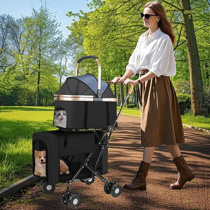 Double Pet Stroller for 2 Dogs or Cats, Folding Dog Stroller with 2 Detachable Carrier Bags, Safety Belt, 4 Lockable Wheels, Separate Compartments, for Multi-Pet Homes (Black)