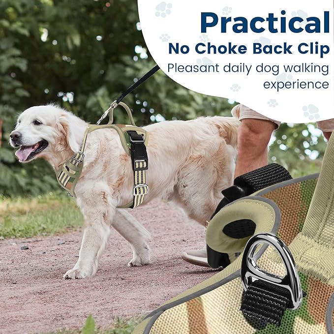 Funfox Dog Harness No Pull, Adjustable Pet Vest Harness, Super Soft Material with Vertical Handle Easy Control, Reflective Night Walking, 2 Leash Clips for Small Sized Dogs, Camo Green, S