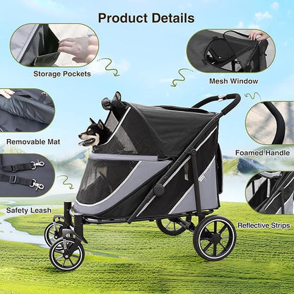 Dog Stroller for Medium/Large Dogs One-Click Folding, Extra Large Pet Stroller for 2 Dogs with Storage Pocket & Shock Absorption, Up to 130 lbs, Grey