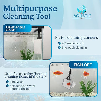 Aquarium Cleaning Tools 7 in 1 - Fish Tank Cleaning Kit with Algae Scraper, Scrubber Pad, Adjustable Telescopic Long Handle, Fish Net, Gravel Rake, Fork & Brush - Saltwater & Freshwater Tank