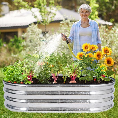 Galvanized Raised Garden Bed - 4×2×1ft (2 Packs) Planter Raised Beds for Gardening | Oval Metal Garden Planter Box with Safety Edging and Gloves for Vegetables Fruits and Flower - Silver