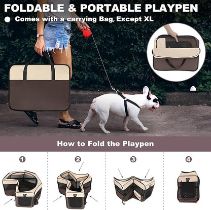 Aivituvin Dog Playpen, Foldable Pet Play Pens with Carrying Bag for Cat, Puppies, Rabbits, Portable Dog Tent Crates Cage for Travel Camping Indoor Outdoor, Removable Shade Cover, Brown M