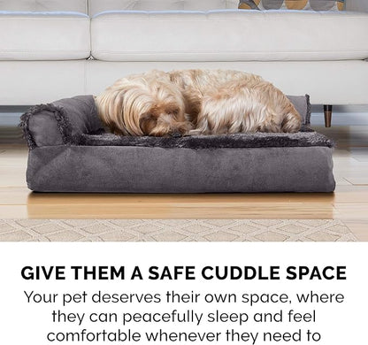 Furhaven Cooling Gel Dog Bed for Medium/Small Dogs w/ Removable Bolsters & Washable Cover, For Dogs Up to 35 lbs - Plush & Velvet L Shaped Chaise - Platinum Gray, Medium