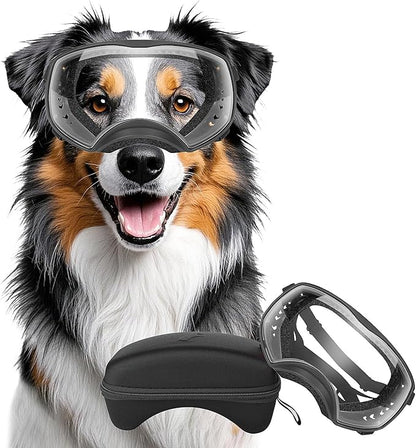 Dog Sunglasses UV Protection Clear Dog Goggles Windproof Glasses with Elastic Straps for Medium-Large Breed, Black Frame + Clear Lens
