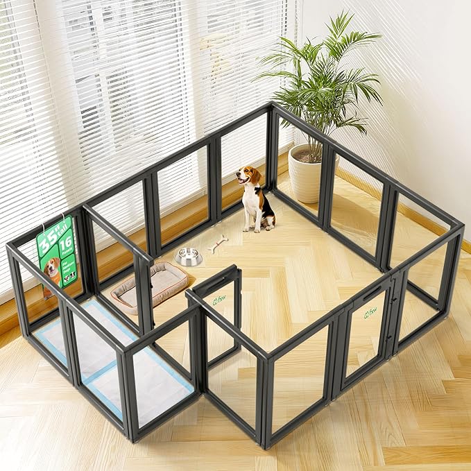 FXW AuraSpace Acrylic Indoor Unleashed Dog Playpen for Medium Dogs, 35 Inch, 16 Panels, Black