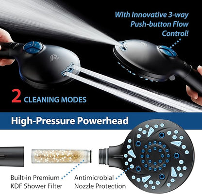 AquaCare High Pressure 10 Spray Mode Filtered Showerhead - Handheld Shower Head Filters Chlorine to Heal Dry Skin, Revive Hair - Dual Power Wash Cleans Tub, Tile, Pets - Hard Water Softener, Black