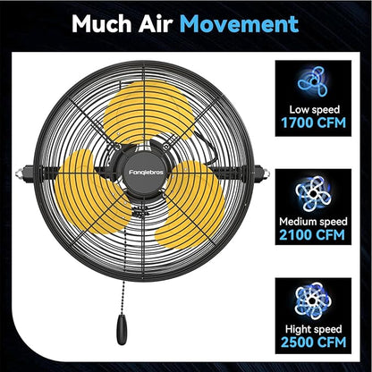 12 IN High Velocity Wall Mount Fan, 3 Speed Industrial Wall Fan with Sealed Motor, 2500 CFM Adjustable Air Circulator for Garage, Commercial, Greenhouse, Warehouse & Gazebo Use, UL Listed