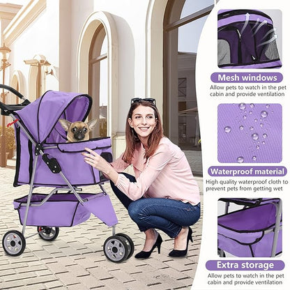 Dog Stroller,3 Wheels Travel Folding Pet Strollers for Small Medium Dog Cat Jogger Stroller with Storage Basket Removable Liner Purple