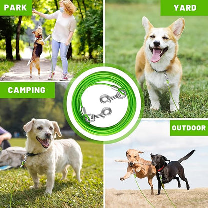 Dog Tie Out Cable 10/15/20/25/30 FT Runner for Yard Steel Wire Cable with Durable Superior Clips Green Chains for Outside Dog Lead for Large Up to 165 Lbs