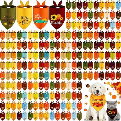 200 Pcs Fall Thanksgiving Dog Bandana Bulk with Sayings Pet Triangle Scarf Bibs Washable Puppy Kerchief Adjustable Grooming Supplies for Small Medium Large Dog Cat Costume Accessories