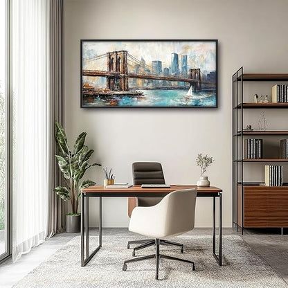 Extra Large Framed Brooklyn Bridge Wall Art,New York City Wall Decor,Abstract Skyline Cityscape Pictures for Living Room,Canvas Print Painting Modern Artwork Bedroom Office Bathroom 60L x30W