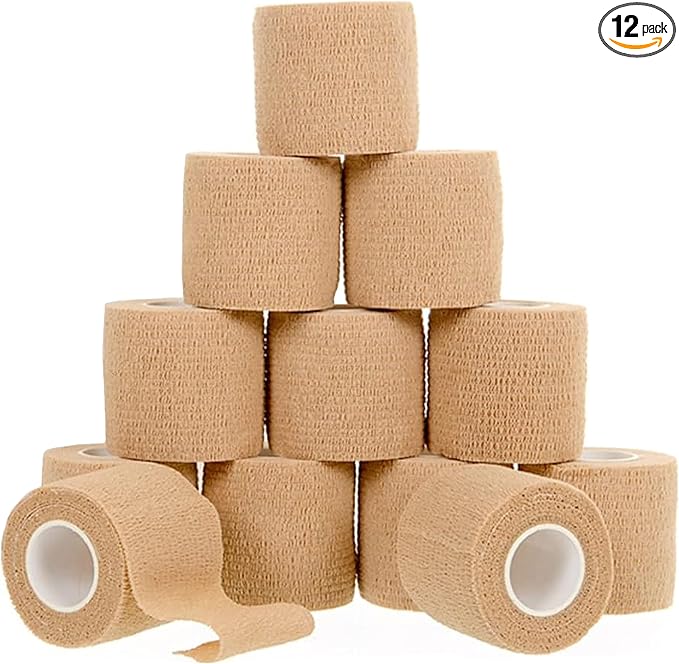 12 Pack Self-Adhesive Bandage Wrap - 2 Inches x 5 Yards - Elastic Self Adherent Cohesive Wrap Bandage - Breathable Athletic Tape for Wrists, Knee, and Ankle - First Aid Sports Wrap - Brown