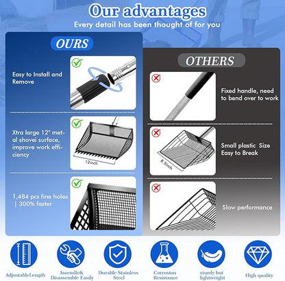 12 Inch Chicken Poop Scooper & Rake 2-in-1, Large Metal Shovel Head, Rubber Handle Stainless Steel Chicken Litter Scoop for Chicken Coops, Litter Screening Scoop (35 to 65in) US Patent Pending (Black)