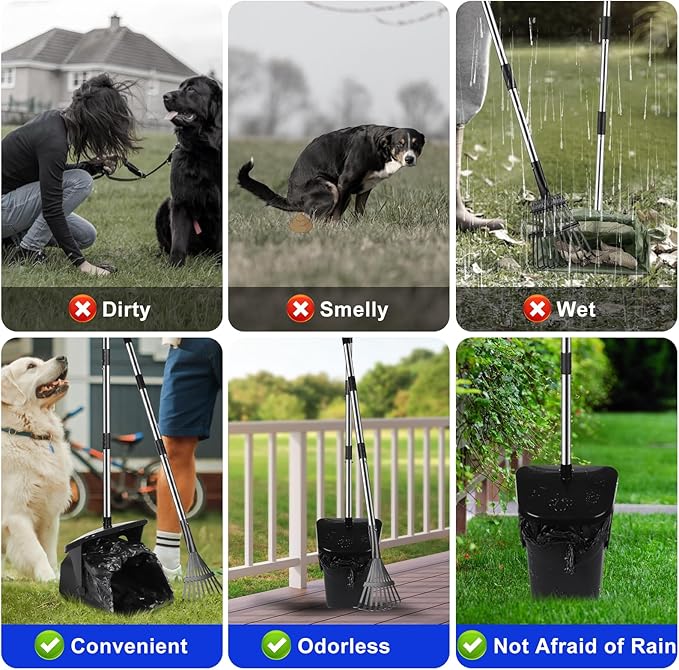 Dog Pooper Scooper with 20 Bag Attachment Long Handle Swivel Bin, Rake Heavy Duty Pooper Scooper for Large Medium Dogs Easy to Clean Poop Scooper for Yard, Grass, Gravel