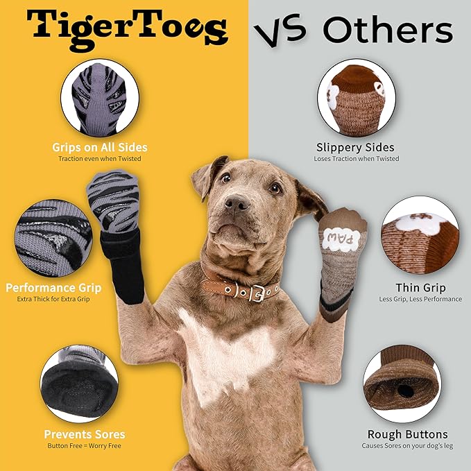DOK TigerToes Premium Non-Slip Dog Socks for Hardwood Floors - Extra-Thick Grip That Works Even When Twisted - Prevents Licking, Slipping, and Great for Dog Paw Protection (X-Large)
