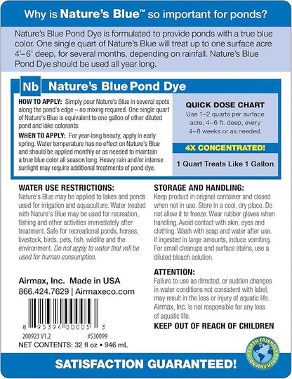 Airmax Nature's Blue Pond Dye 4X Concentrate for Outdoor Ponds & Lakes, Natural Pond Colorant & Beauty Enhancer, Block Ultraviolet Rays, Fish, Bird & Livestock Safe, Easy Liquid Application, 1 Quart