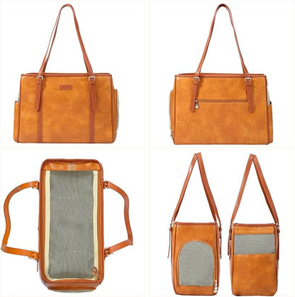 Fashion Dog Purse Pet Carrier Leather Bag for Small Dogs Cats Puppy, Portable Tote Bag Airline Approved Soft-Sided Carriers (Brown)