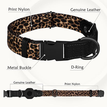 AirTag Dog Collar for Small Medium Large Breed - Adjustable Cute Pattern Dog Collar with Airtag Holder - Soft Leather Tracker GPS Apple Air Tag Pet Collars (Small, 12"-15" Neck Fit, Leopard)