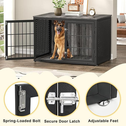 48" Heavy Duty Dog Crate Furniture for Extra Large Dogs, Metal Cage for High Anxiety Dogs, Wooden Kennel Furniture Indoor, Decorative Dog Kennel End Table, XL