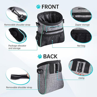 Dog Treat Pouches Training Walking Bag with Shoulder Strap, Large Space for Pets Food, Polyester Fabric, 3-Way Wearing Design, Portable Pet Bagand Easy to Clean, Black with Grey