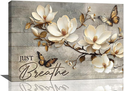 Floral Magnolia Bathroom Pictures Wall Art, Just Breathe Bathroom Wall Decor, Flower Butterfly Framed Painting Canvas Artwork for Bedroom Living Room Decorations 24"L x 16"W