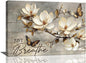 Floral Magnolia Bathroom Pictures Wall Art, Just Breathe Bathroom Wall Decor, Flower Butterfly Framed Painting Canvas Artwork for Bedroom Living Room Decorations 24"L x 16"W