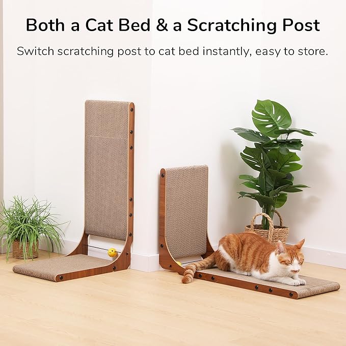 FUKUMARU Cat Scratcher, 26.8 Inch Cat Scratch Pad for Indoor Cats, L Shaped Cardboard Vertical Cats Scratching Board with Ball Toy, Walnut Color, 2 Packs