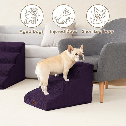 EHEYCIGA Curved Dog Stairs Ramp for Small Dogs 15.7" H, 3-Step Dog Steps for Couch Sofa and Chair, Pet Stairs for Cats, Non-Slip Balanced Pet Steps Indoor, Purple