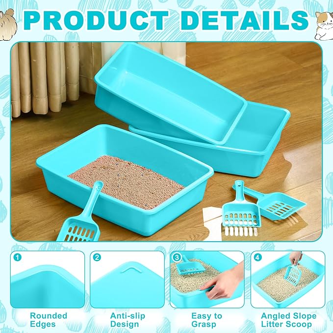 Amyhill 5 Pcs Open Cat Litter Box Kitten Litter Pan with 5 Scooper Medium Plastic Pet Tray Durable Nonstick Kitten Box for Indoor Pets Cats Rabbit Supply Easy to Clean, 14.6x10.6x3.4 Inch (Blue)