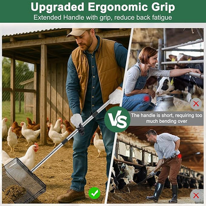 15-inch Large Chicken Poop Scooper, 5 in 1 Adjustable Chicken Coop Scoop with Ergonomic Grip, 24" to 77" Long Stainless Steel Sifting Litter Shovel Pooper Scooper Chicken Coop Accessories