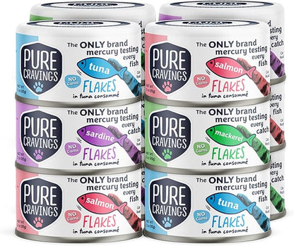 Flakes in Tuna Consommé, Canned Wet Cat Food Soup, 100% Mercury-Tested, Moist Can Fish, Grain-Free Protein, Non-GMO, 3oz, Variety Pack 3X Tuna, 3X Salmon, 3X Sardine, 3X Mackerel