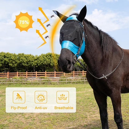 2 Piece Horse Fly Mask with Ears, Comfortable Fit Stretch Fabric Big Eye Space Soft Breathable with UV Protection for Full Horses (Red-Blue)
