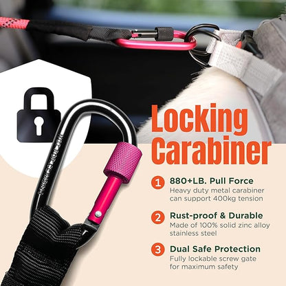 Dog Seat Belt for Car | Universal Dog Car Seatbelt | Durable Reflective Rope with Clip Hook Latch, Buckle and Carabiner- Safe and Secure Pet Safety Restraint (Pink)