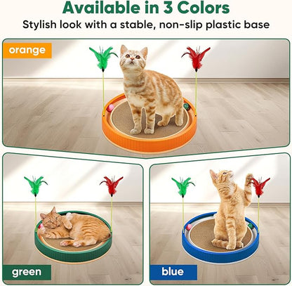 20-Inch Round Cat Scratcher with Ball Track – 3-in-1 Cardboard Scratching Pad with Feather Toy & Non-Slip Base – Interactive Cat Toy for Indoor Cats, Kittens & Large Cats (Green)