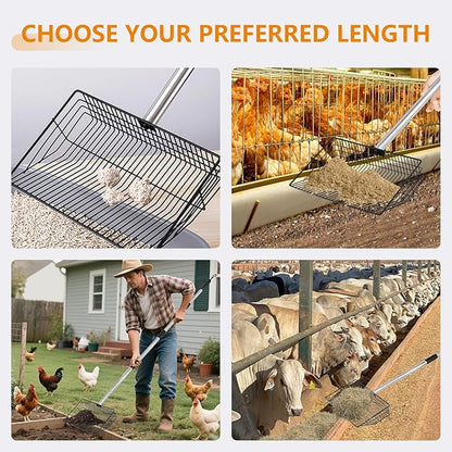 10inch Large Chicken Poop Scooper,36 to 67" Adjustable Long Chicken Coop Litter Metal Scoop with Stainless Steel Handle,5-in-1 Detachable Poop Shovel for Sand,Pet,Chicken,Cat Cleaning Tools.