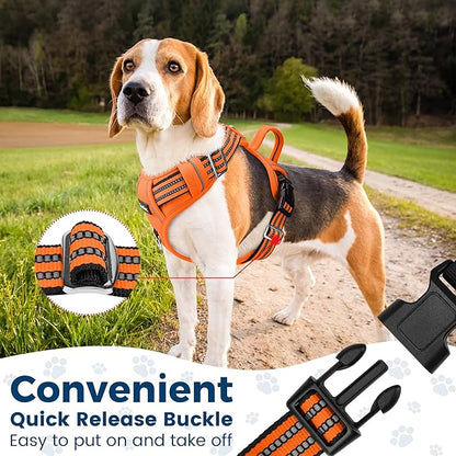 Funfox Dog Harness No Pull, Adjustable Pet Vest Harness, Super Soft Material with Vertical Handle Easy Control, Reflective Night Walking, 2 Leash Clips for XLarge Dogs, Orange, XL