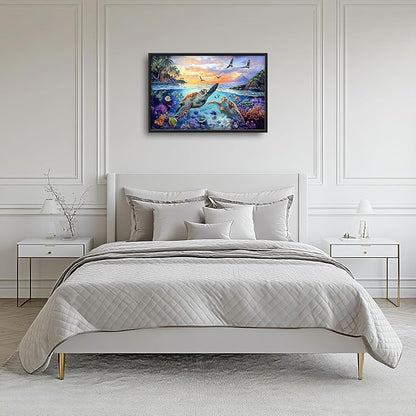 Framed Large Sea Turtle Wall Art for Living Room, Oversized Ocean Turtle Wall Decor Seascape Underwater Marine Life Canvas Painting Home Decoration for Living Room Bedroom Office 36"x24"